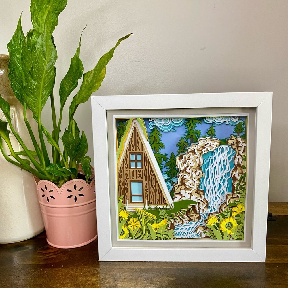 3D Cabin Waterfall Shadowbox